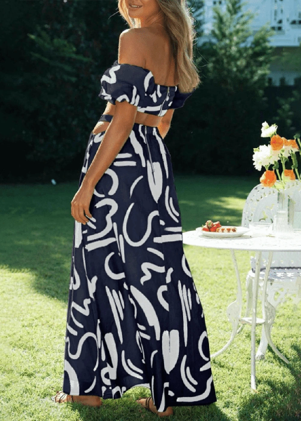 Puff sleeve split skirt suit