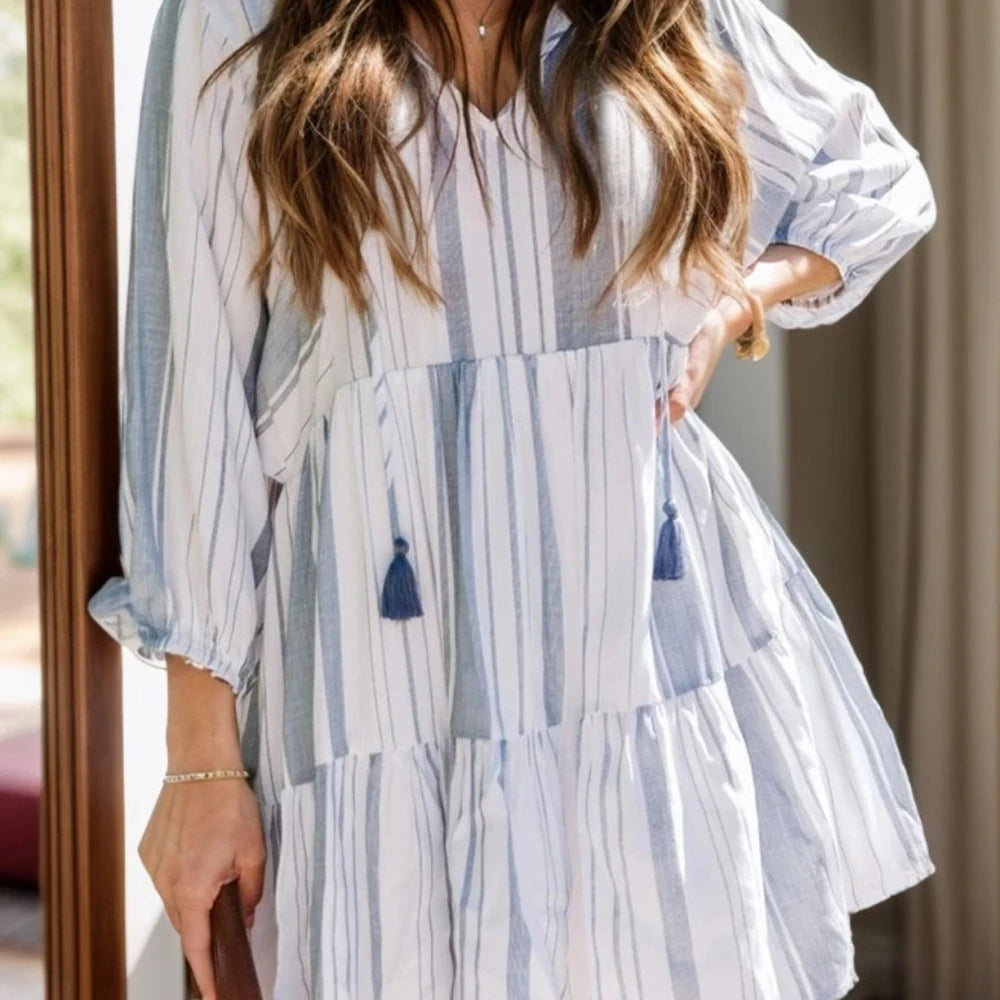 Striped Tie Neck Batwing Sleeve Dress