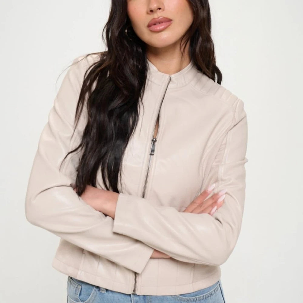 Vegan Leather Moto Jacket with Zipper