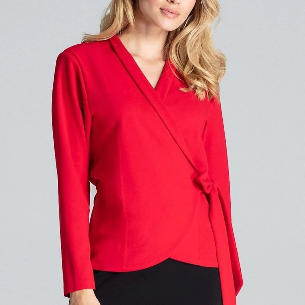 Red Tie Waist Blouse with Long Sleeves