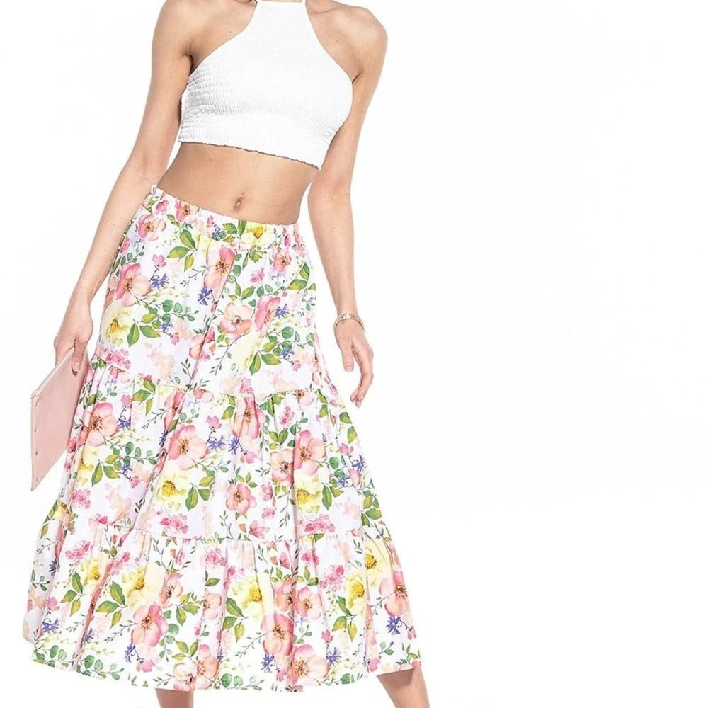 Floral Print Cotton Midi Skirt