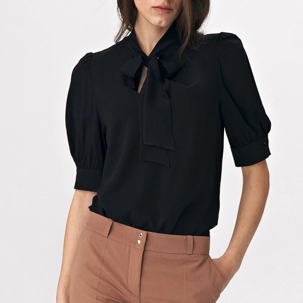 Brown Viscose Blouse with Tie Neck