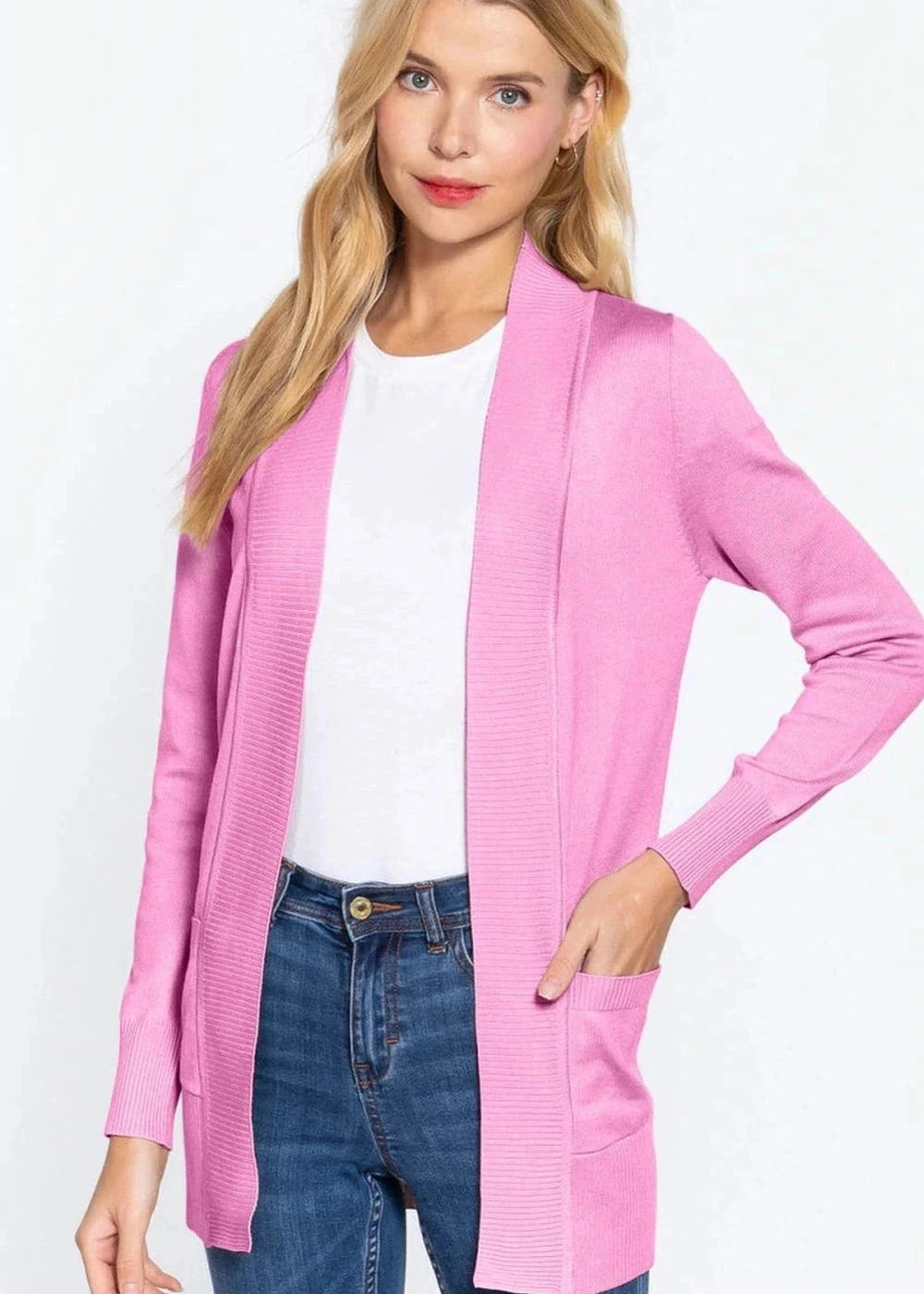 Active basic ribbed trim open front cardigan