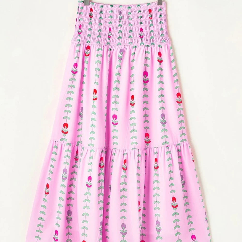 Smocked Printed High Waist Skirt