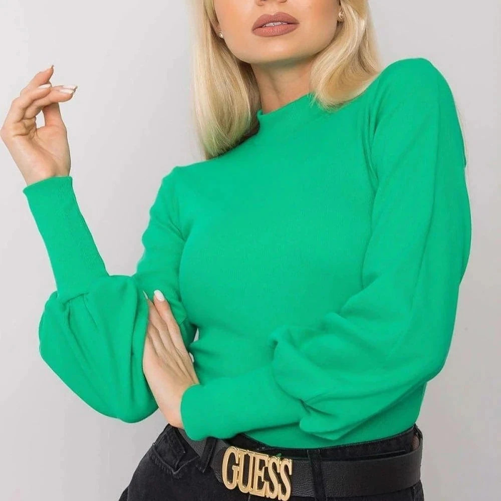 Ribbed Blouse with Long Sleeves and Wide Cuffs