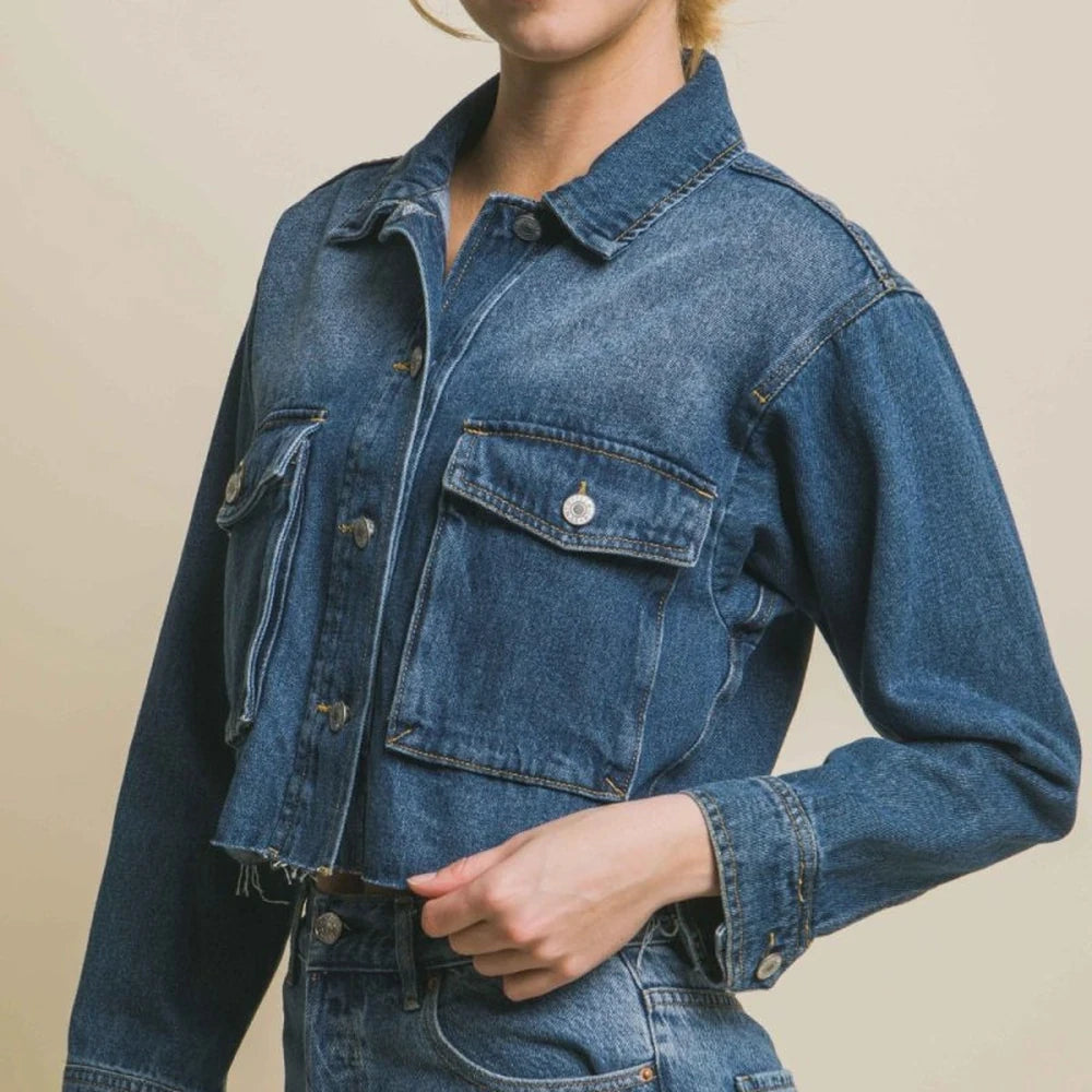 Cropped Denim Jacket with Raw Hem