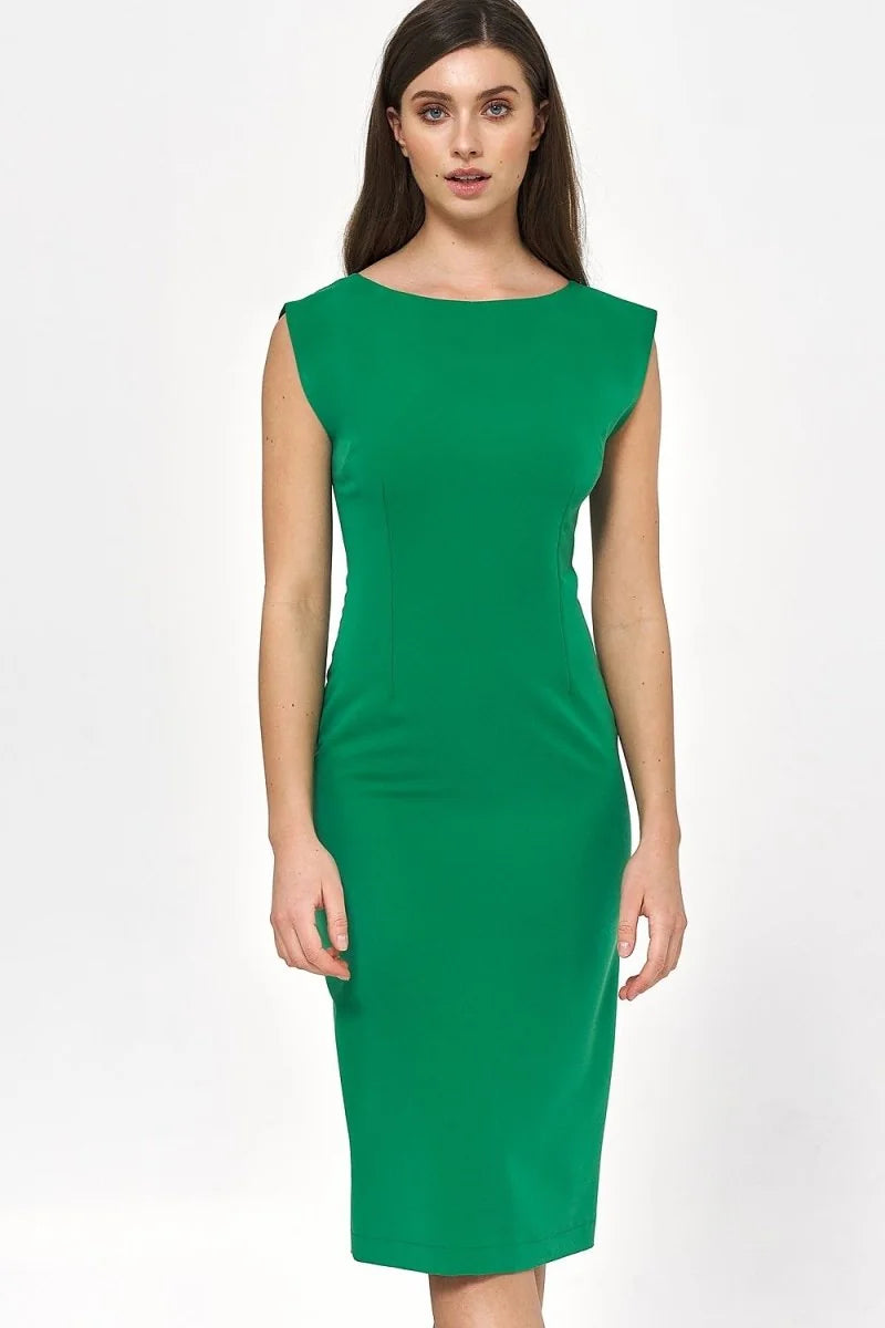 Emerald green fitted sheath dress with cap sleeves and a boat neckline.