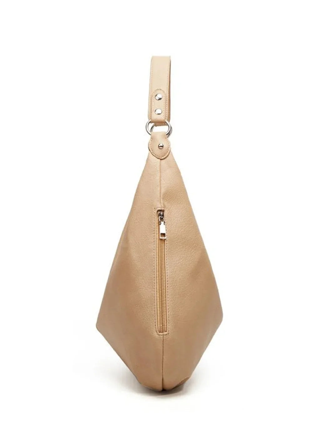 Tan PU leather tote bag with a zippered compartment and silver hardware, shown from the side.