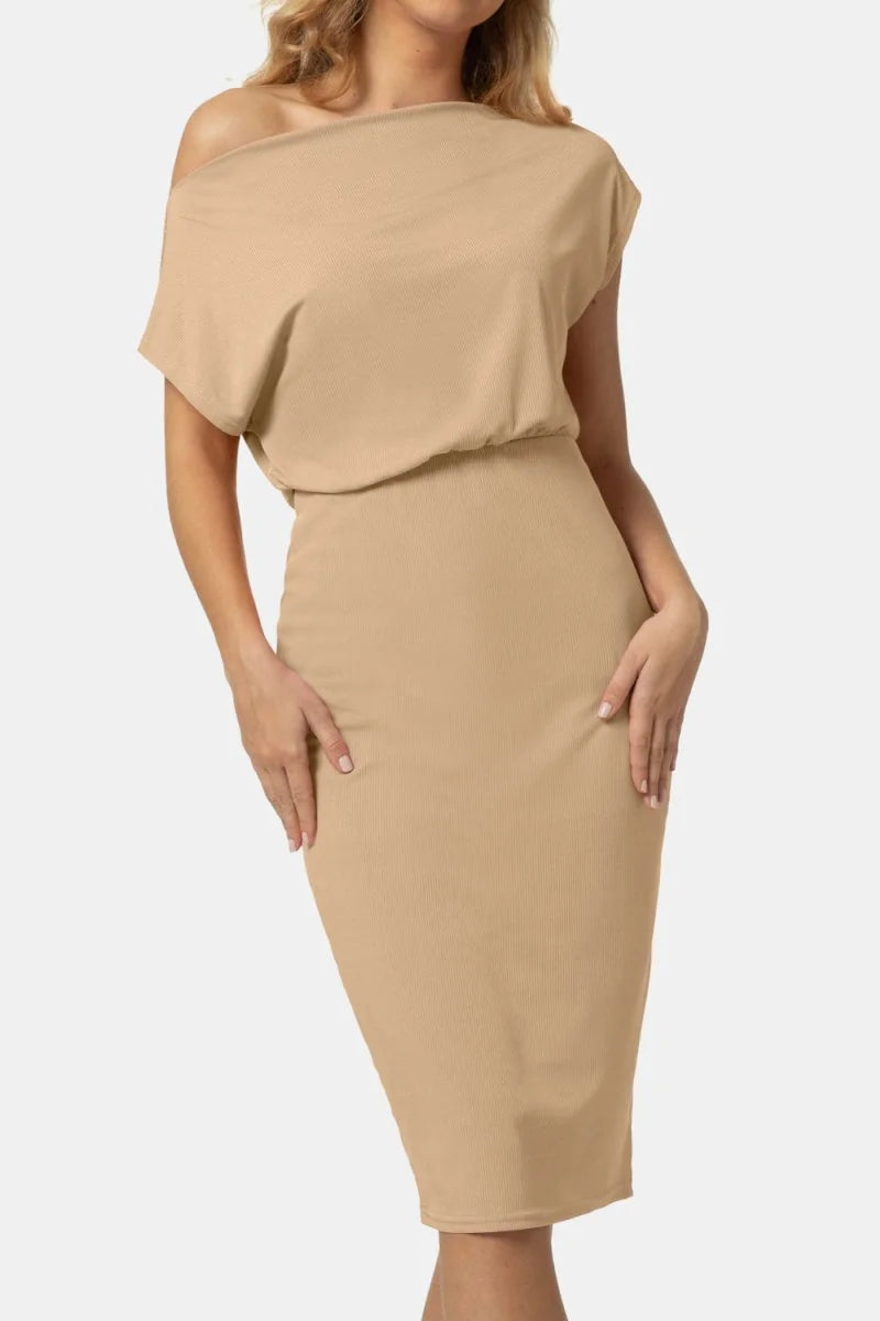 Tan ribbed off-the-shoulder midi dress with a moderate stretch fit on a model.