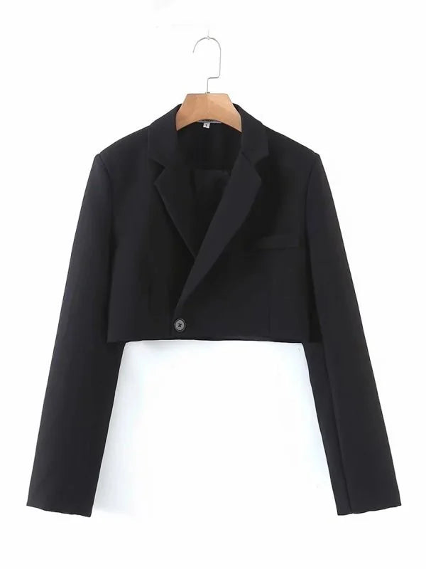 Black cropped blazer with one-button closure and long sleeves, shown on a white background.