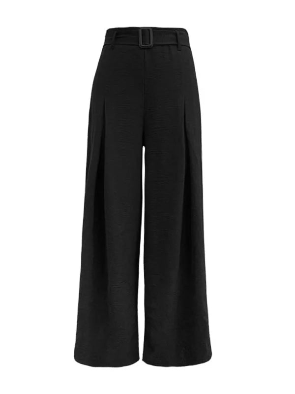 Black wide-leg pants with a textured fabric, pleated front, and a belted waist.