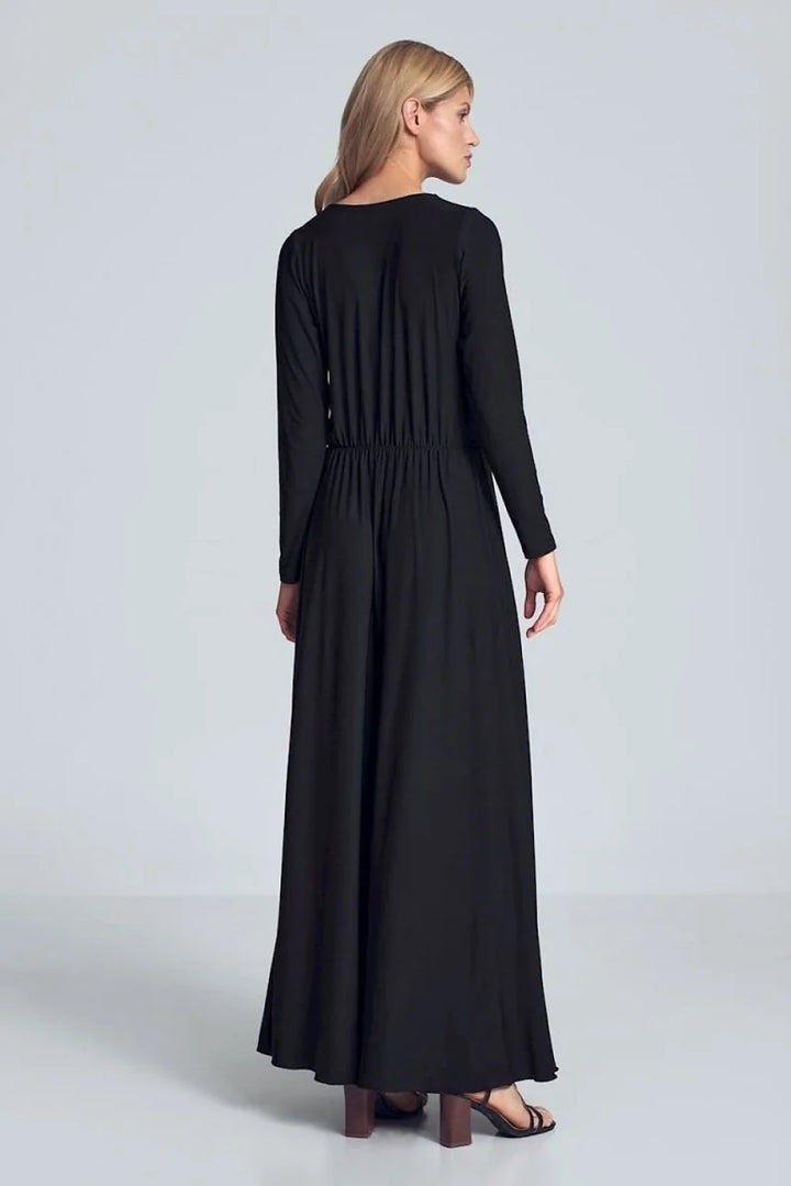 Black maxi dress with cinched waist and long sleeves, viewed from the back.