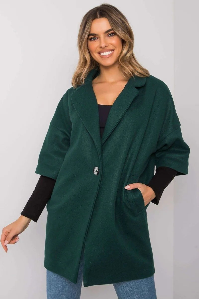 Dark green loose-fit polyester coat with a single button closure and wide sleeves.