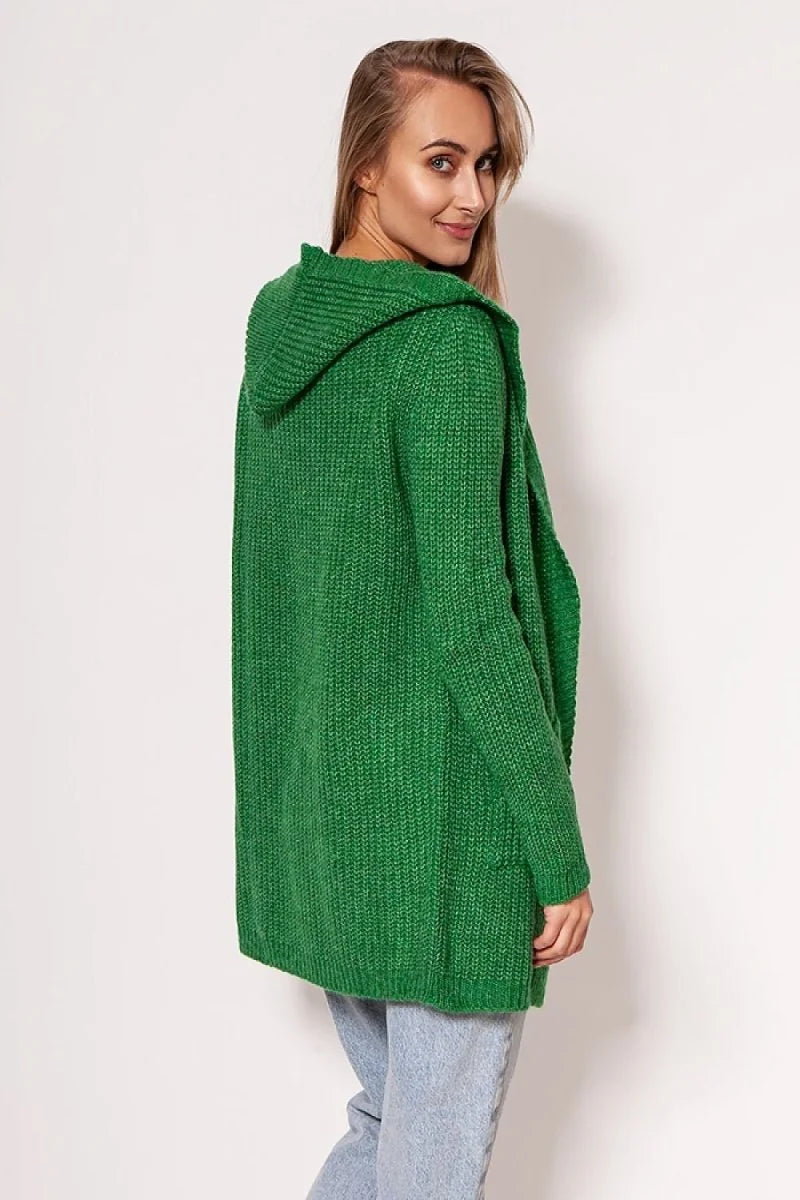 Green knit hooded cardigan with textured stitch detail on a model.