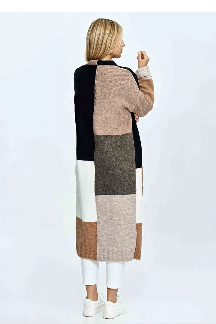 Long patchwork cardigan in black, brown, beige, and white with a regular fit.