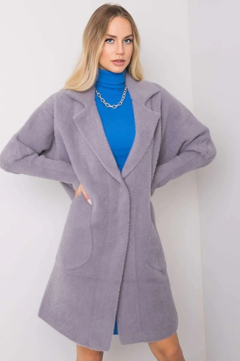 Light gray fuzzy angora blend cardigan with a relaxed fit and wide lapels, worn by a model.