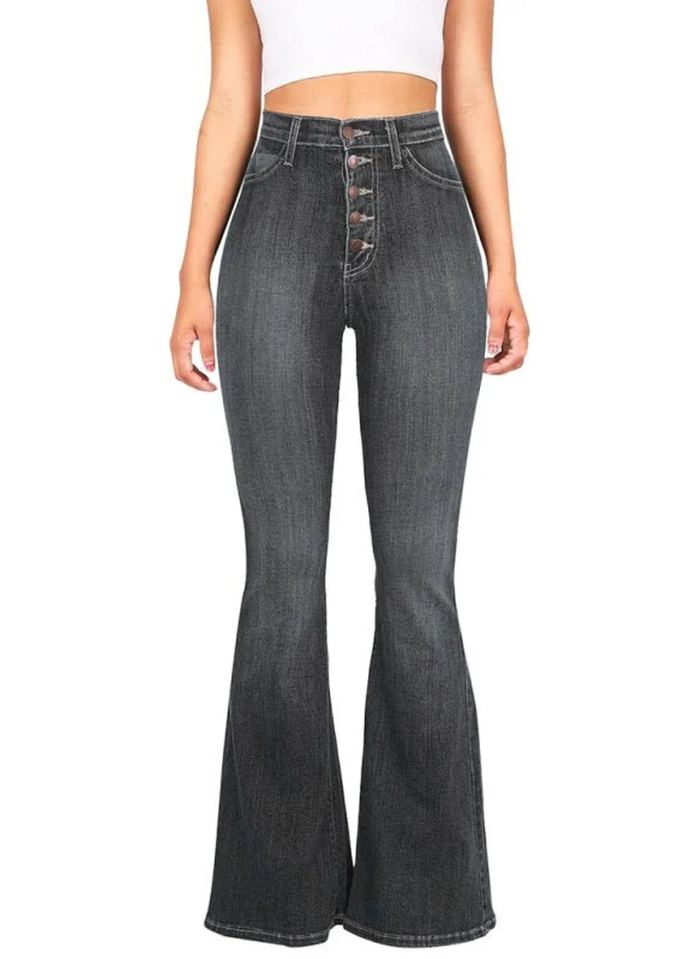 Dark wash high-waisted flare jeans with a five-button closure and distressed detailing.