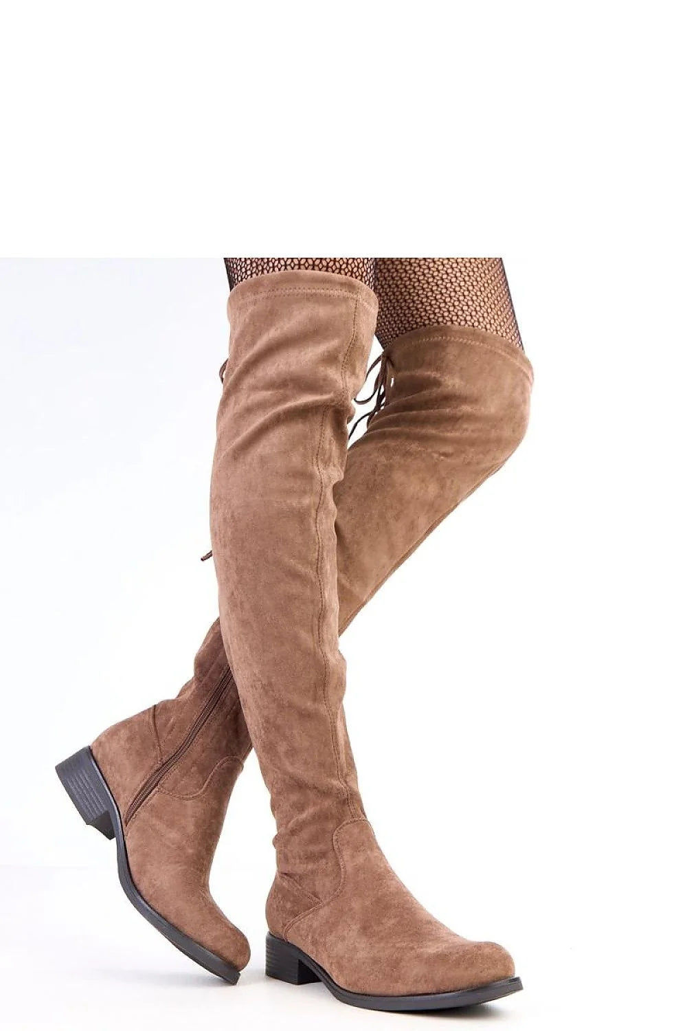 Brown suede over-the-knee boots with side zipper and lace-up detail, worn with black fishnet stockings.