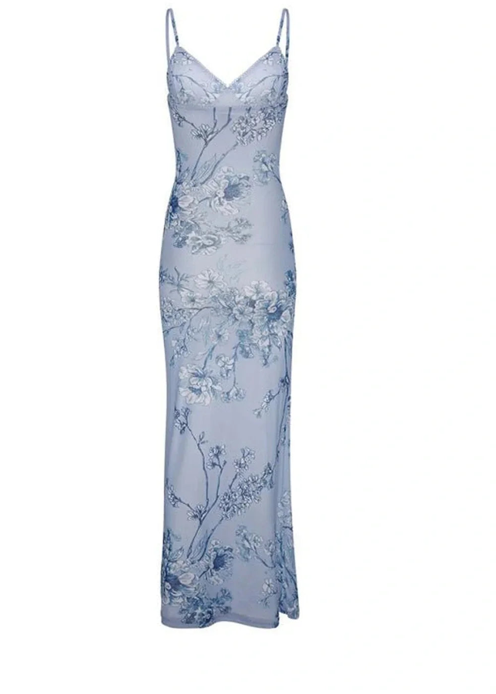 Light blue sheer maxi dress with a delicate blue floral print and spaghetti straps.