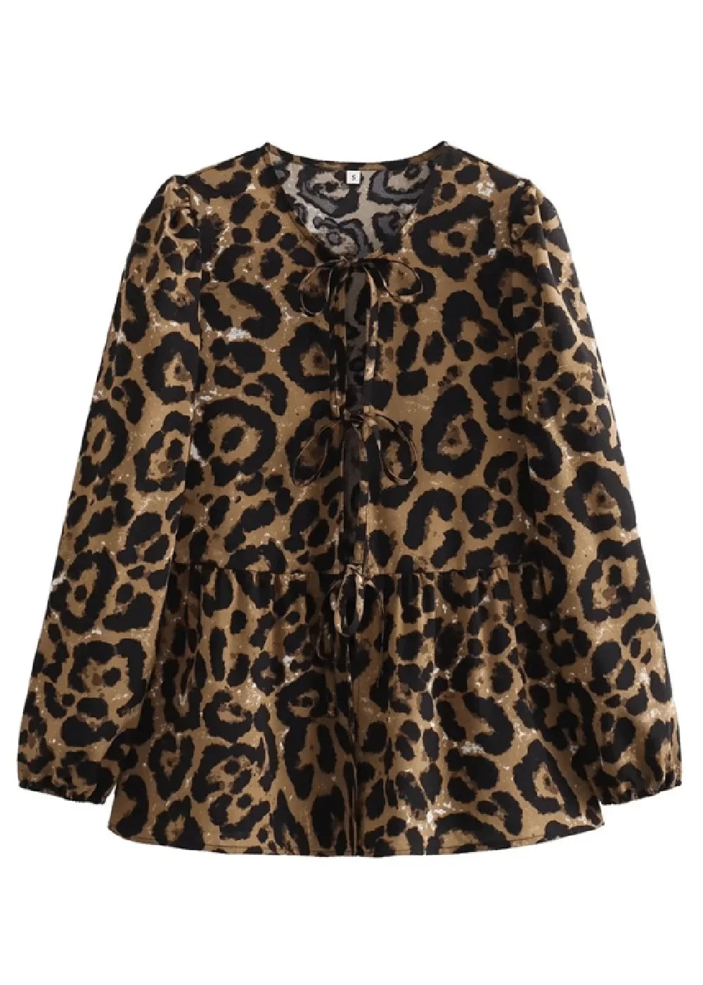 Brown and black leopard print blouse with tie neck and ruffled hem.