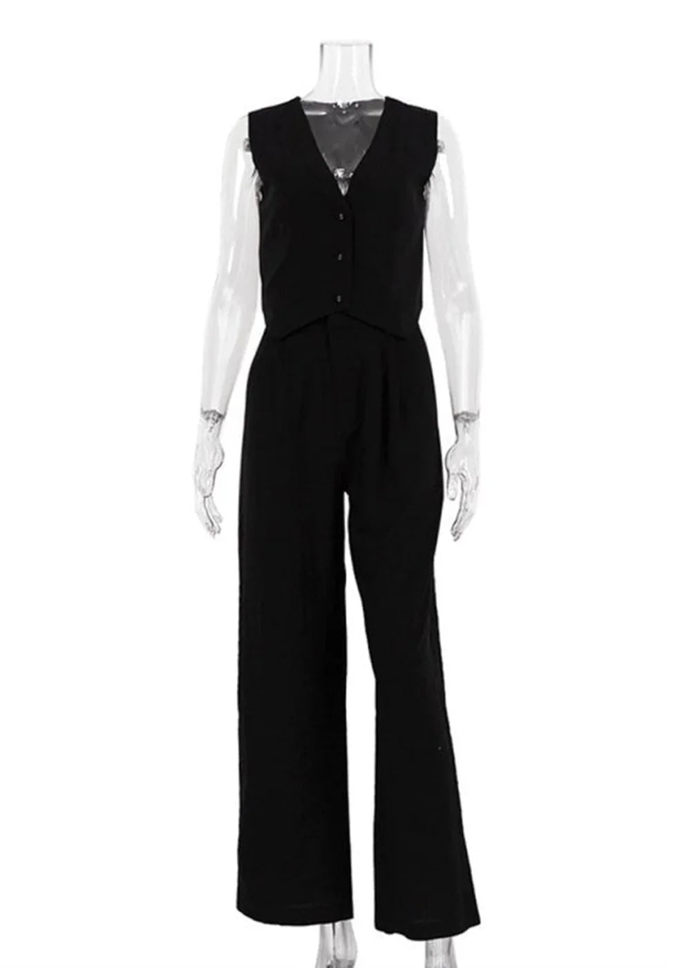 Black sleeveless vest and wide-leg pants set on a mannequin.