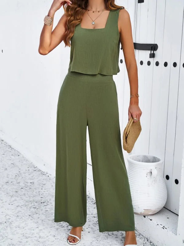Olive green wide-leg pant suit with a cropped tank top, shown on a model.