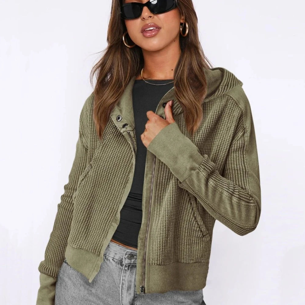 Waffle Knit Hooded Jacket with Dropped Shoulders