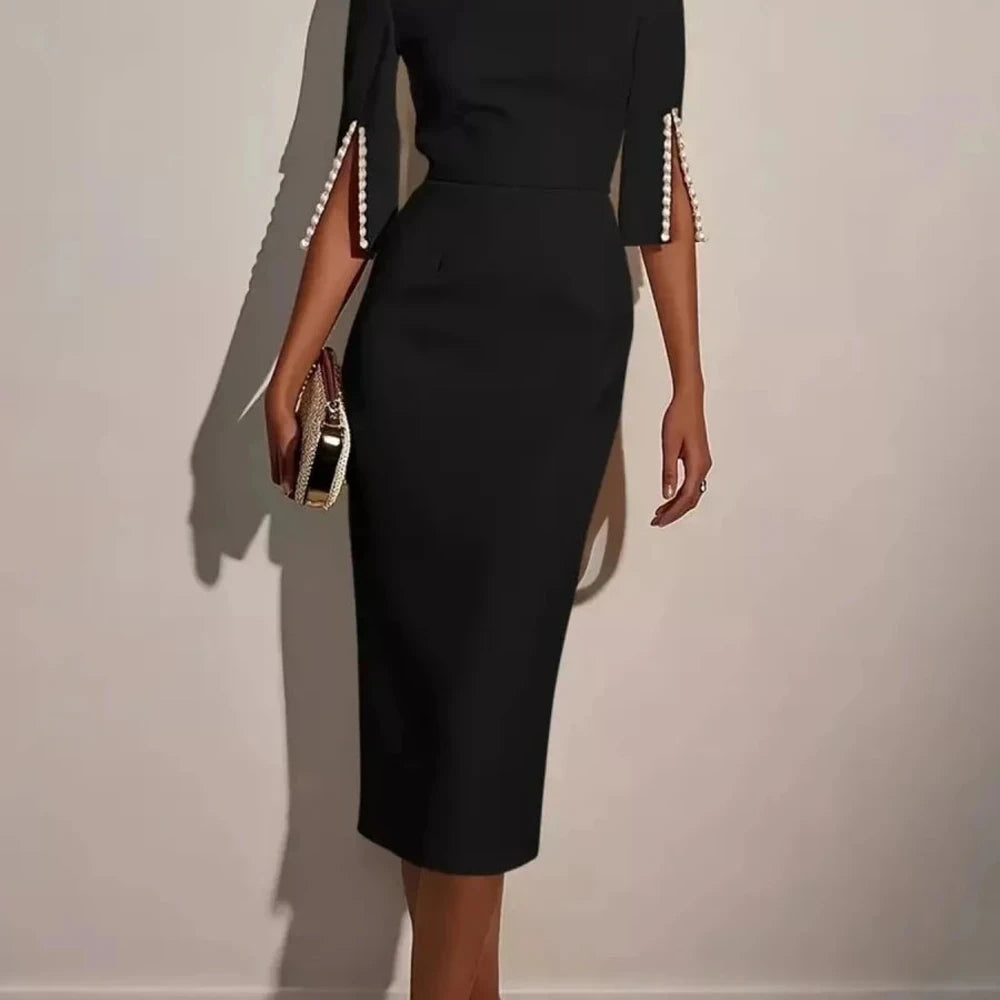 Elegant Midi Dress with Beaded Slit Sleeve