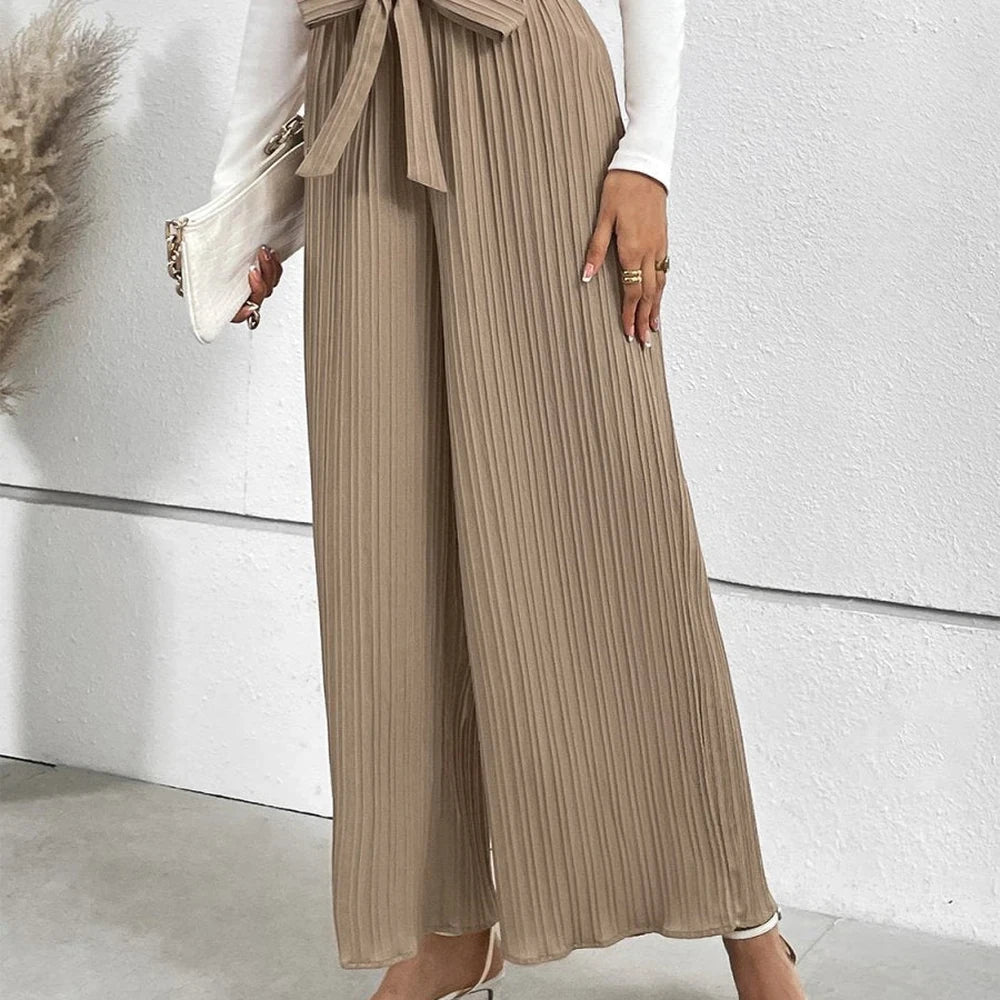 Wide Leg Long Pants with Tie Detail