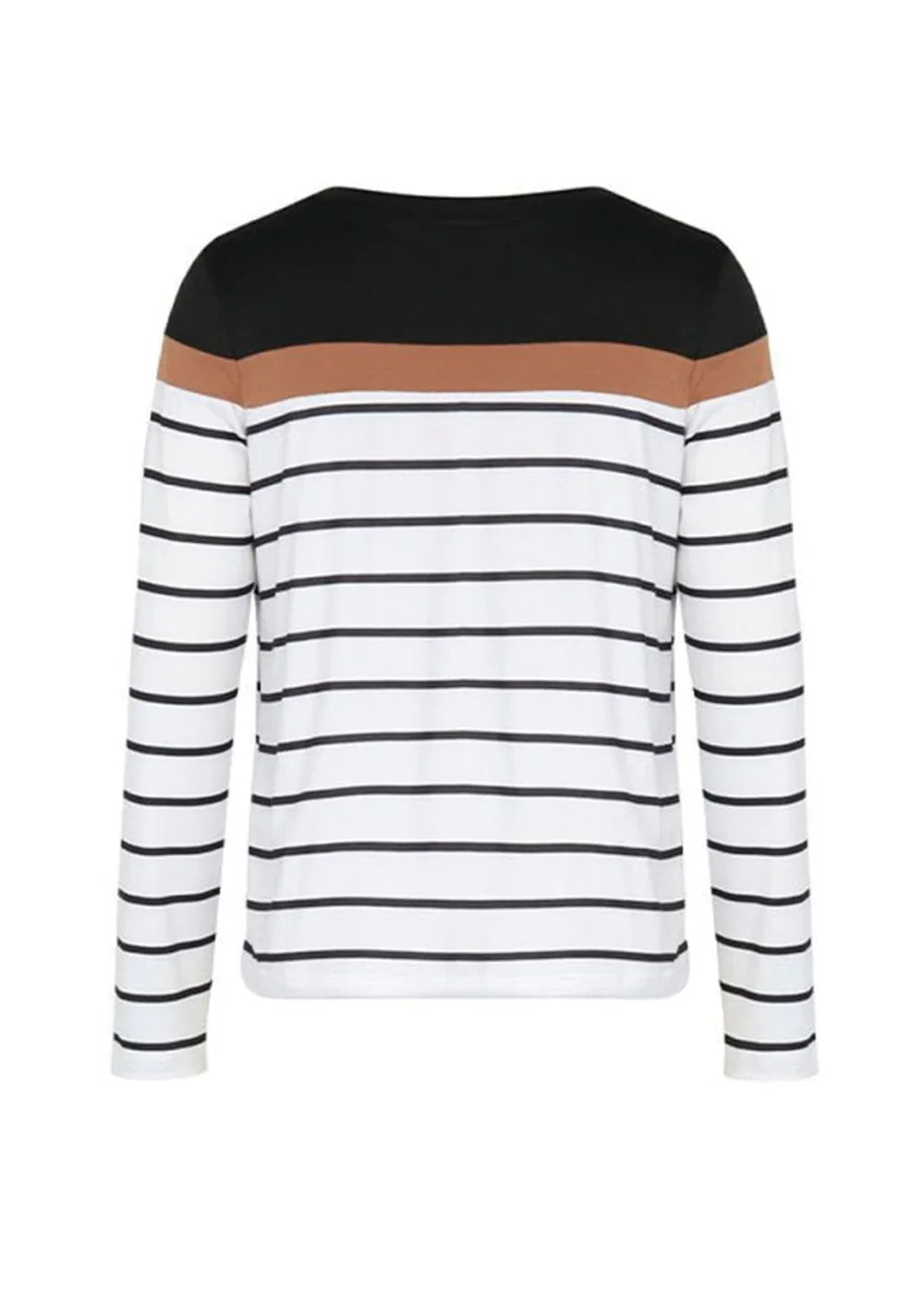 White long-sleeve shirt with black stripes, a brown band, and a black neckline.