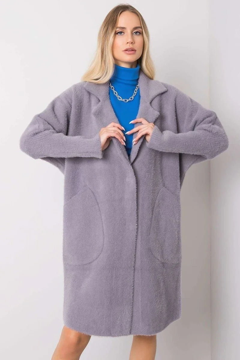 Soft lavender angora blend cardigan with wide lapels and rounded pockets.