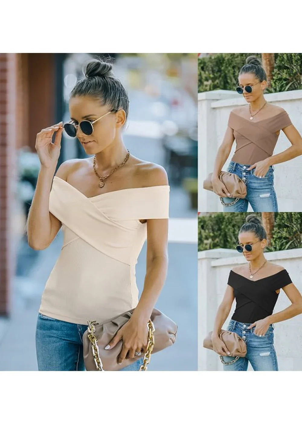 Off-the-shoulder cream top with a criss-cross neckline on a woman wearing jeans and holding a clutch.