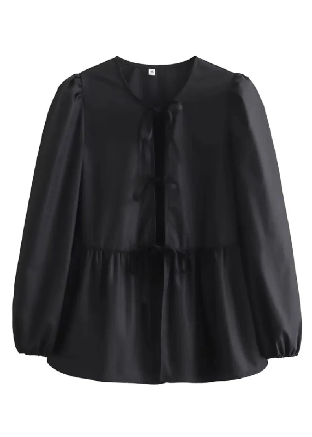 Black peasant blouse with tie neckline, puffed sleeves, and ruffled hem.