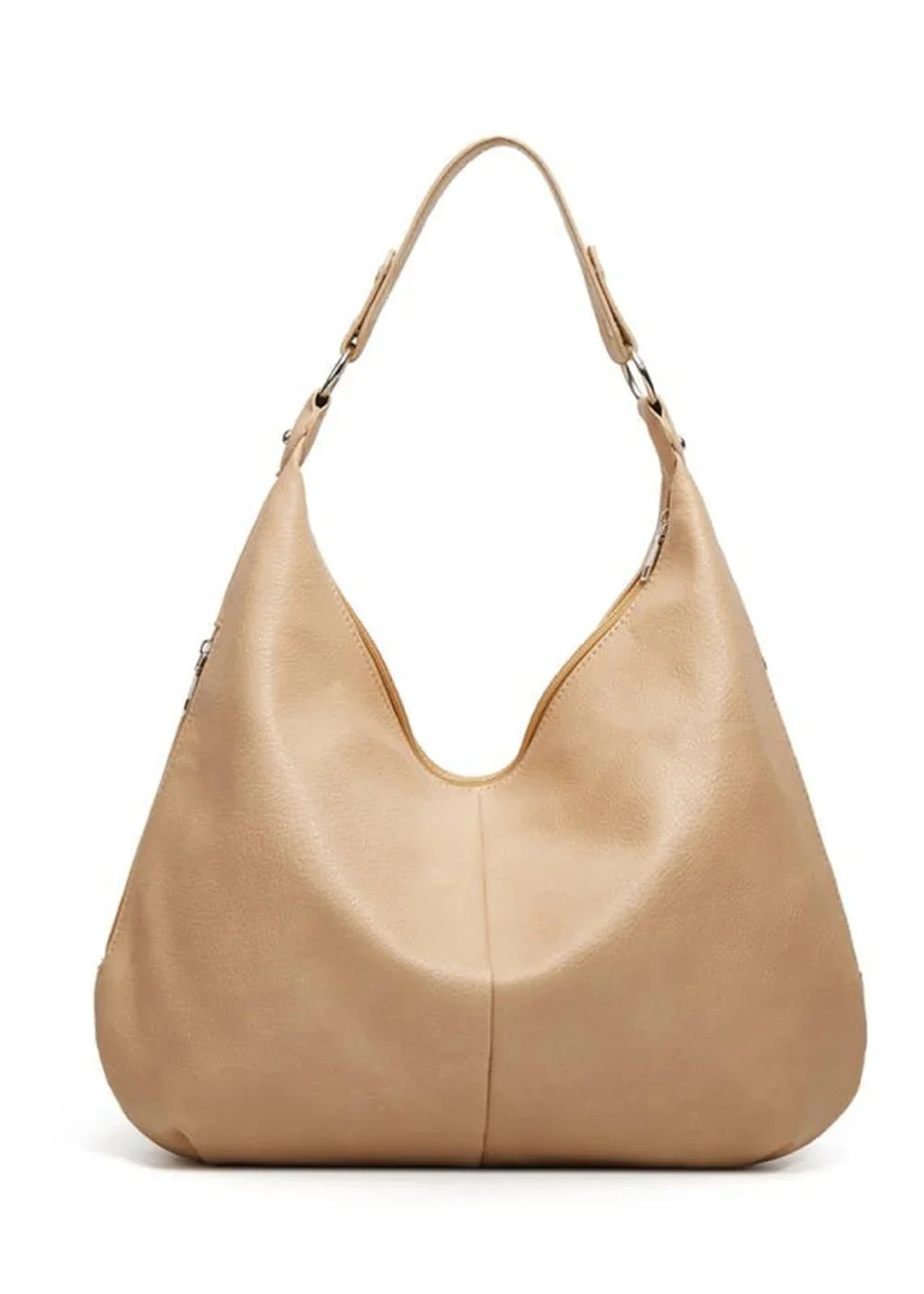 Light tan faux leather hobo bag with a slouchy silhouette and silver hardware.