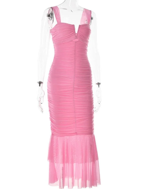 Sleek pink ruched mesh midi dress with a V-neck and layered ruffled hem.