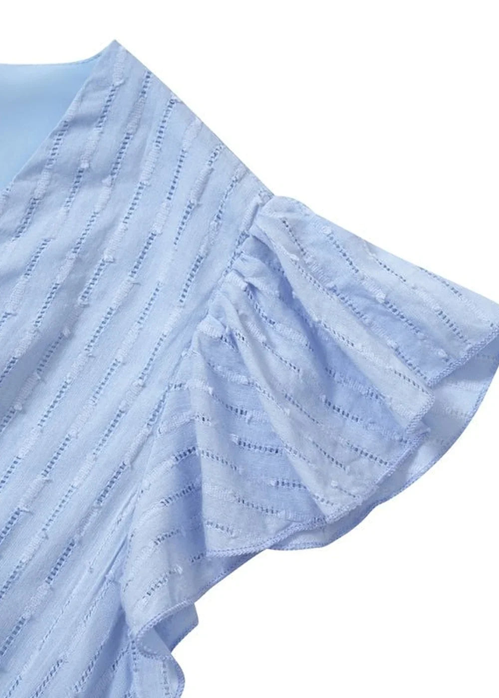 Close-up of a light blue cotton dress with a textured striped pattern and ruffled sleeve detail.