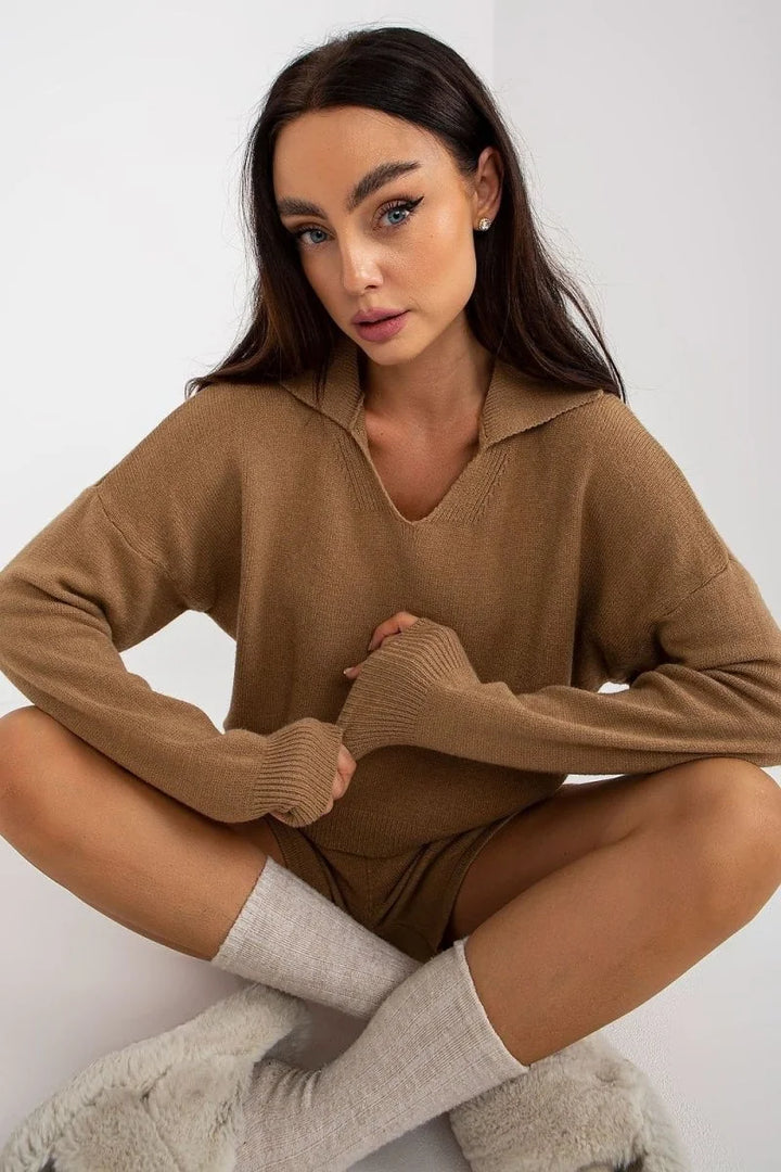 Brown knit sweater with V-neck collar and ribbed cuffs, worn by a model.