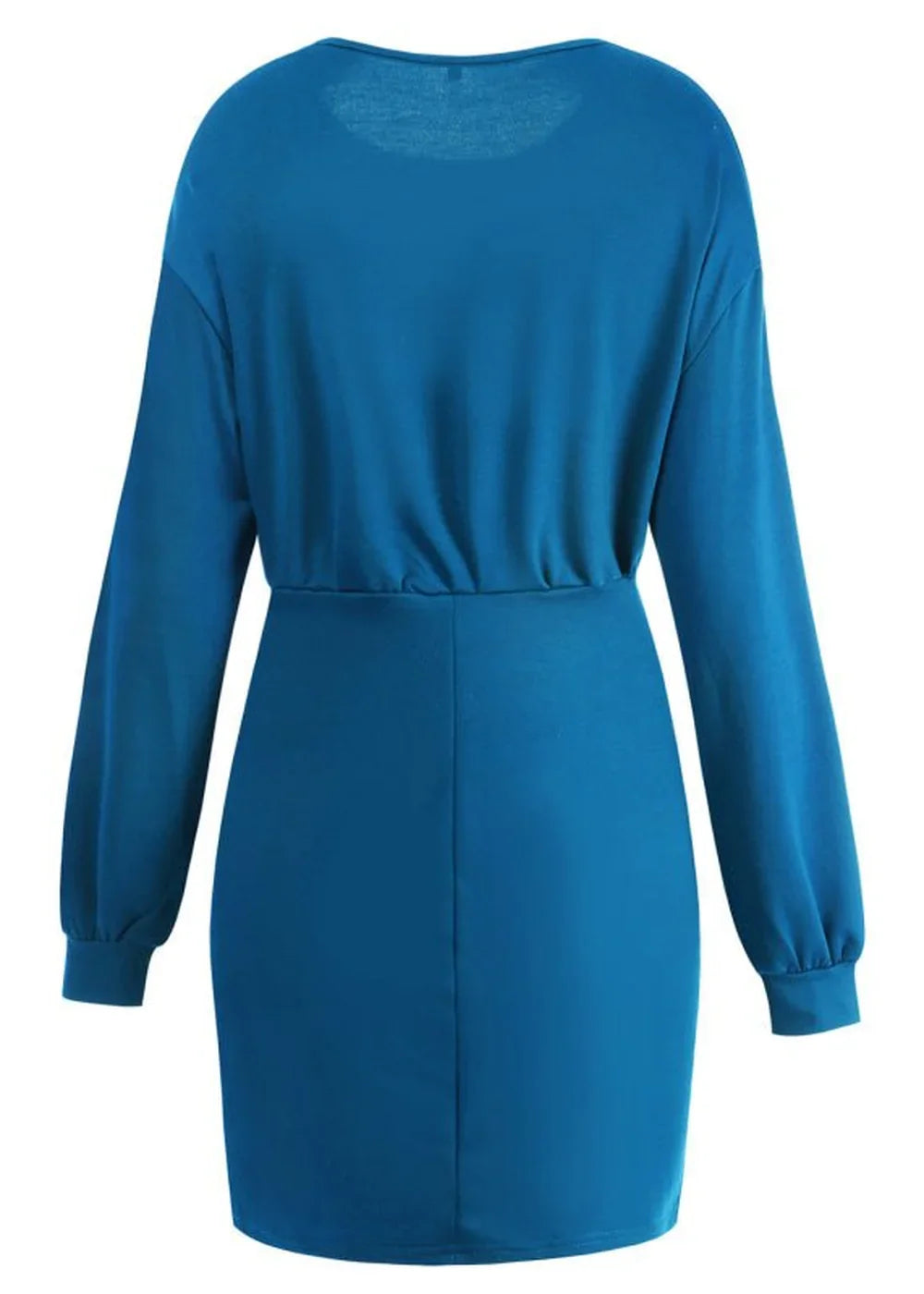 Back view of a solid teal blue, long-sleeved dress with a cinched waist and a smooth finish.