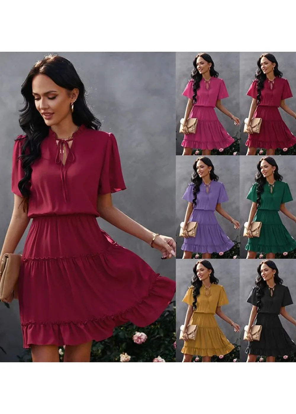 Burgundy ruffled mini dress with tie-neck, shown in multiple colors on models.