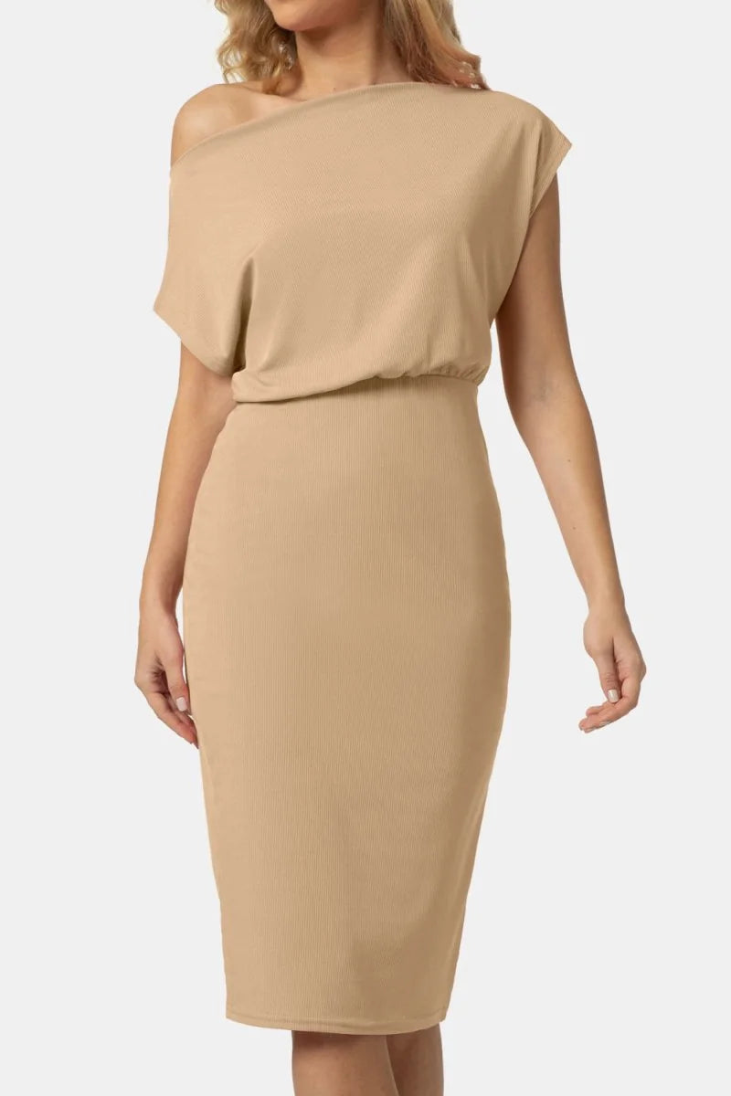 Tan ribbed, one-shoulder midi dress with a moderate stretch fit.
