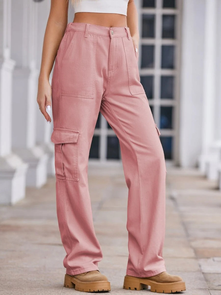 Pink cargo pants with a regular fit, featuring multiple pockets and a smooth rayon texture.