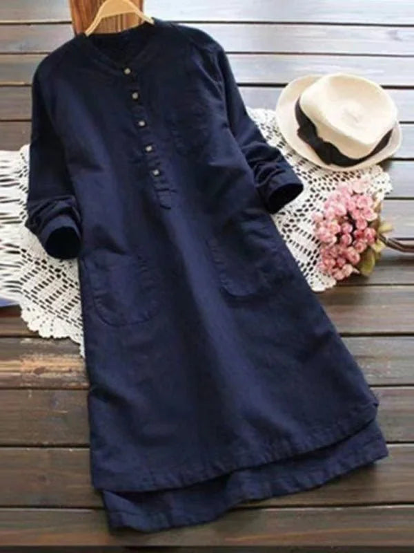 Navy blue linen-blend midi dress with button-up neckline and pockets.