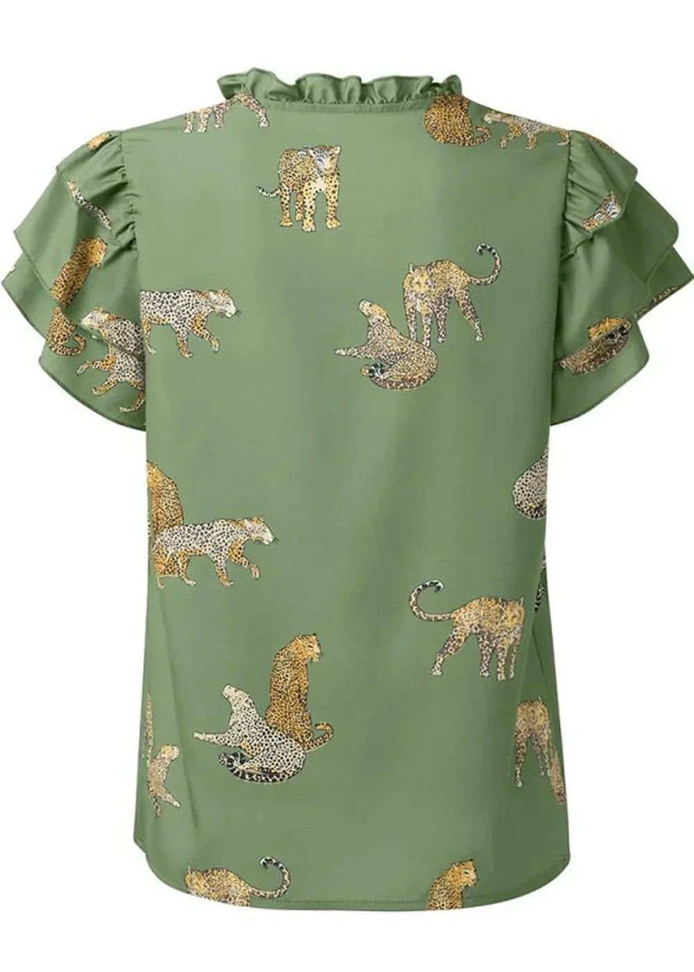 Green top with a leopard print, ruffled neckline, and tiered flutter sleeves.
