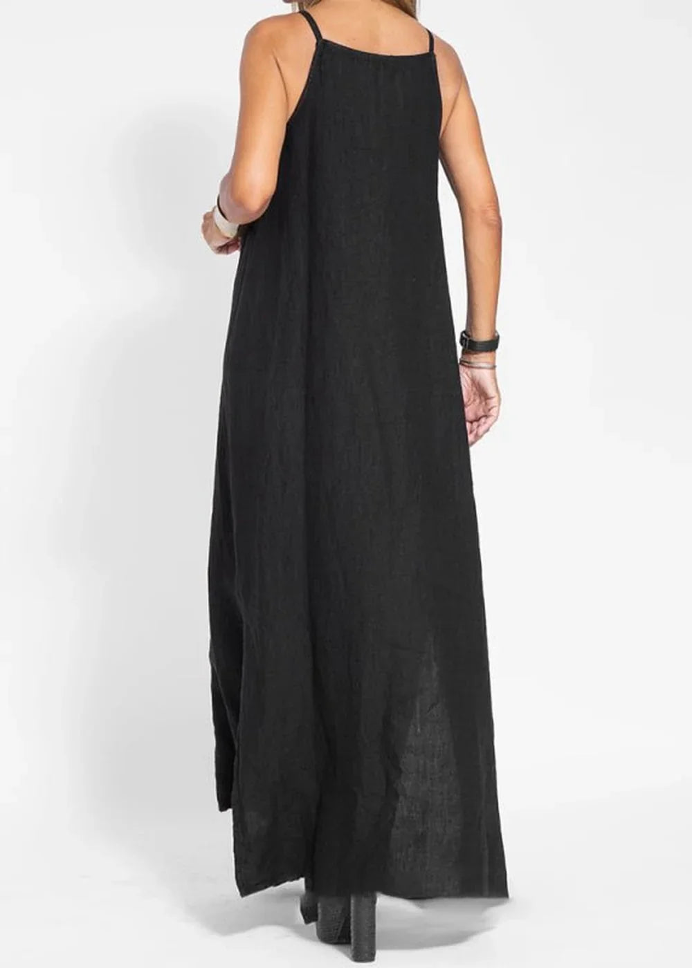 Black sleeveless maxi dress with a relaxed fit, shown from the back.