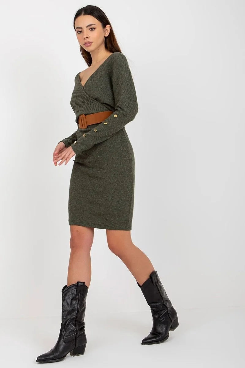 Olive green knit wrap dress with brown belt and gold button accents on sleeves.