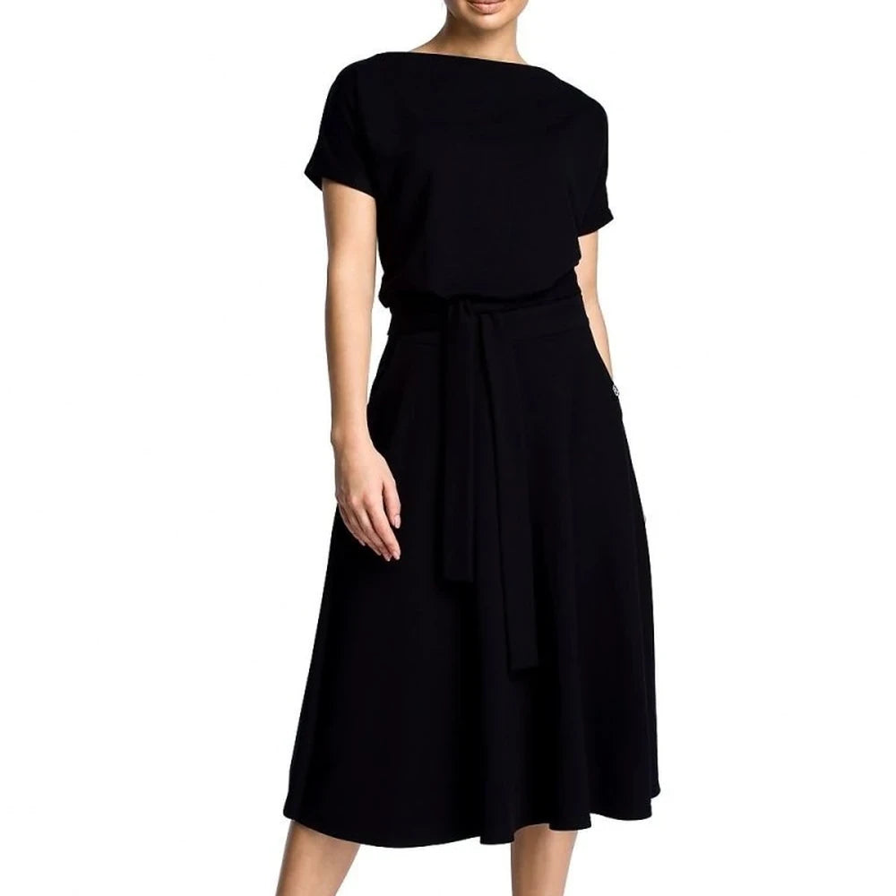 Knee-Length Flared Belted Dress