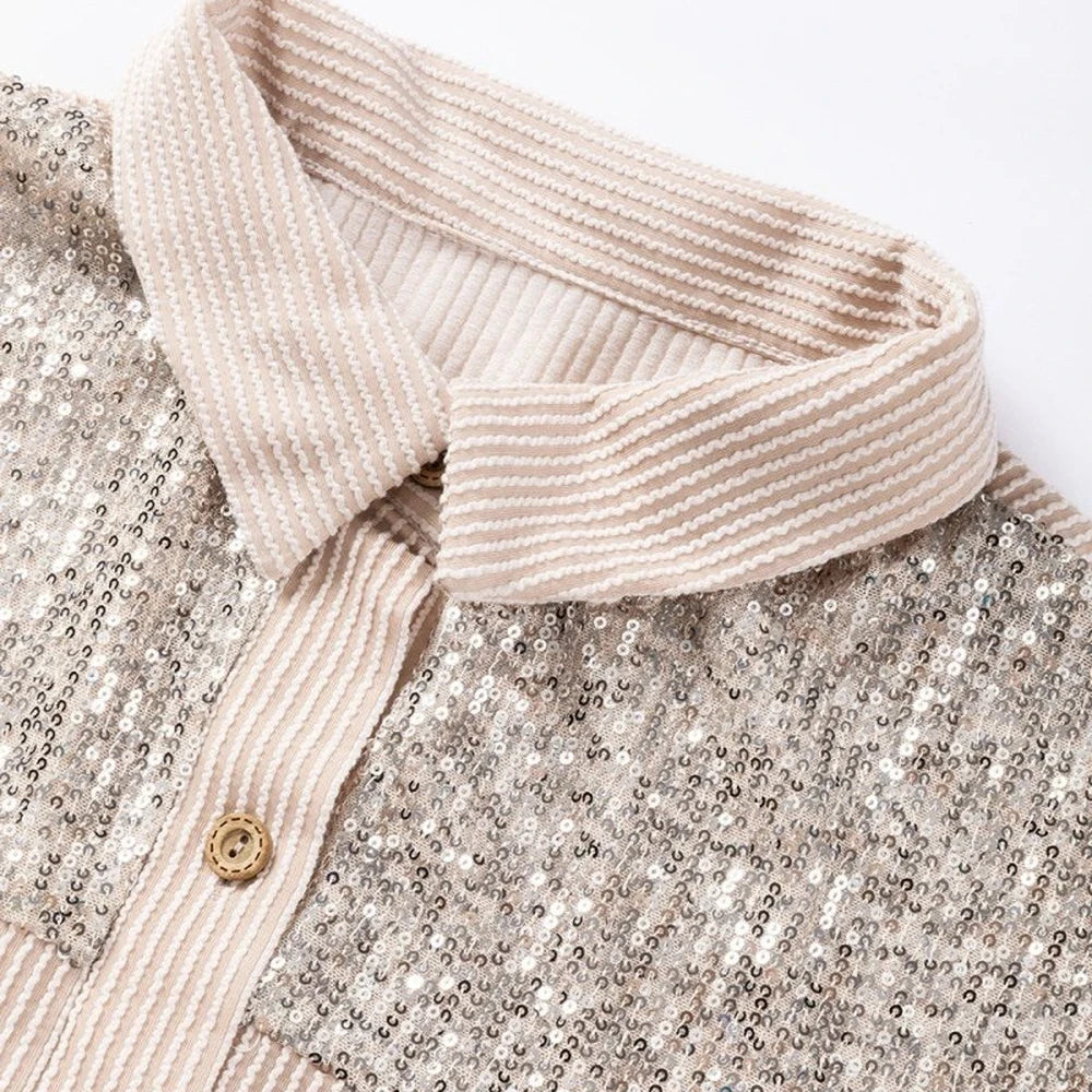 Sequin Button-Up Dropped Shoulder Jacket