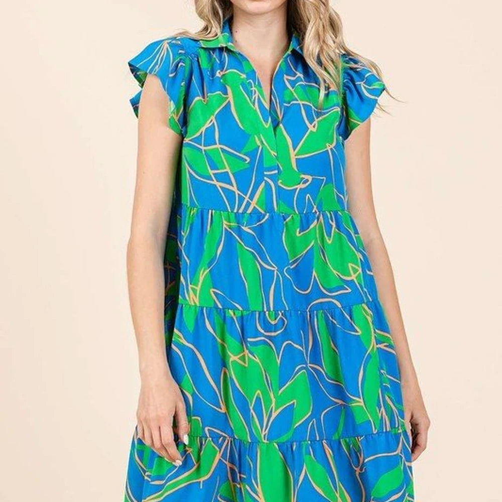 Leaf Print Ruffle Sleeve Mini Dress