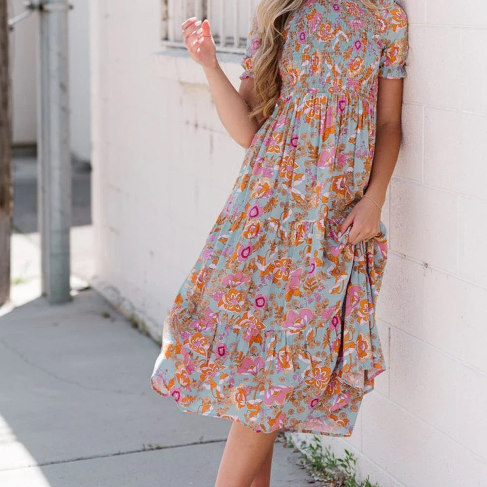 Floral Flounce Sleeve Midi Dress