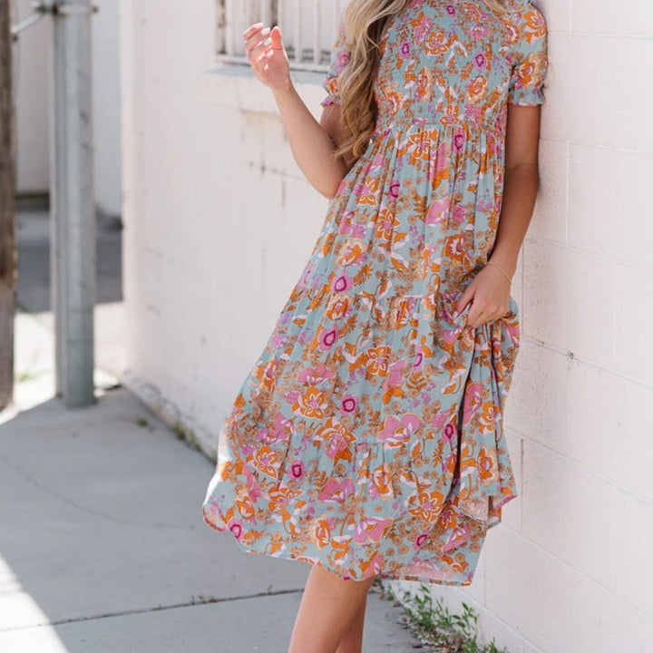 Floral Flounce Sleeve Midi Dress